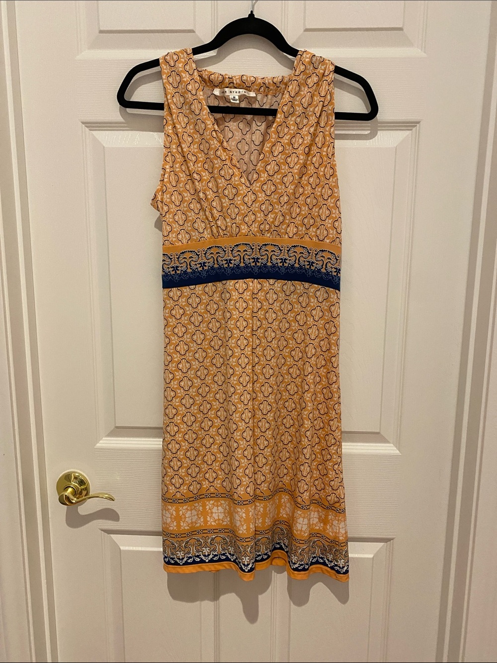 Max Studio Orange Patterned V-Neck Midi Dress with Blue Waistband Vacation